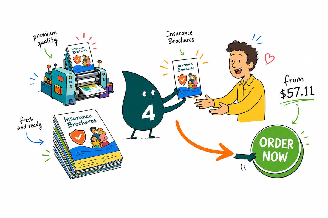 Wally the 4OVER4 mascot handing a folded insurance brochure, priced from $57.11 for 50, across a desk to a client, teal hand-drawn line art.