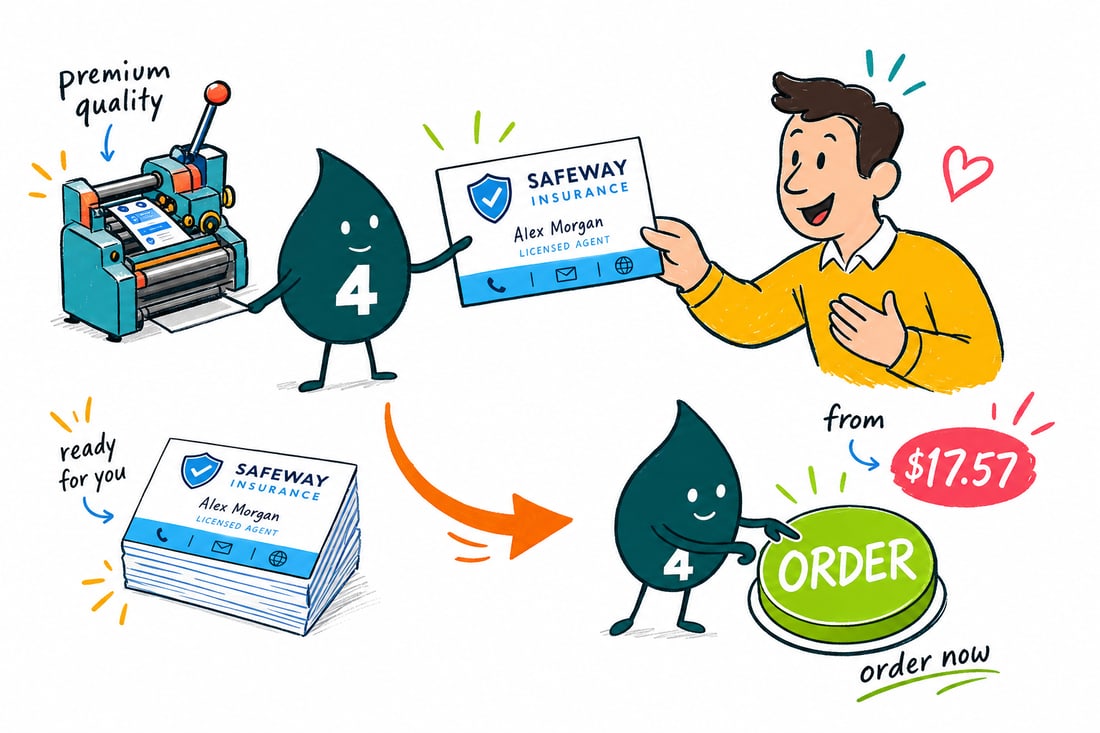 Wally the 4OVER4 mascot handing an insurance agent a professional business card priced at $17.57 for 100 across a desk, teal hand-drawn line art.