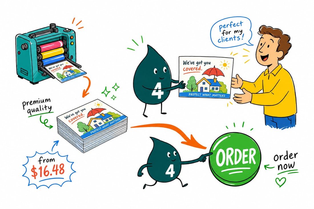 Wally the 4OVER4 mascot handing a full-color insurance postcard, priced at $16.48 for 50, to a smiling insurance agent, teal hand-drawn line art.