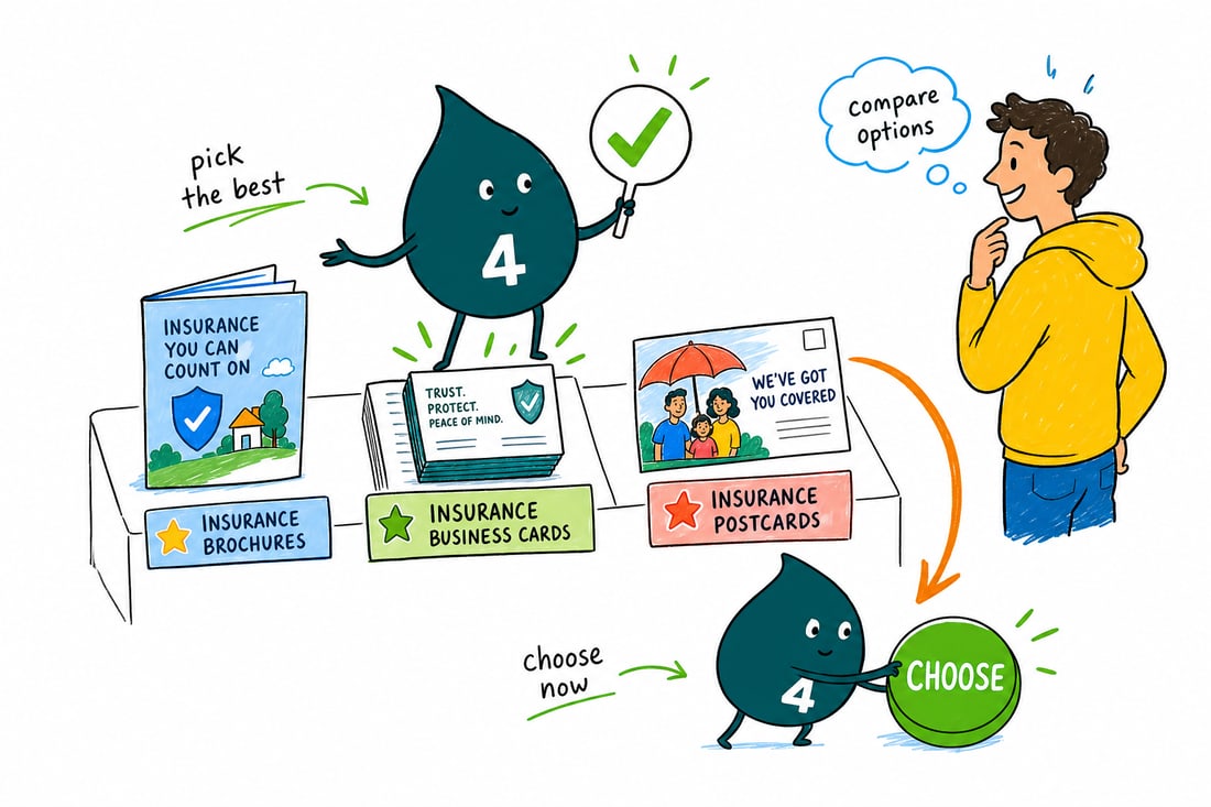 Wally compares Insurance Printing options side by side at 4OVER4.COM