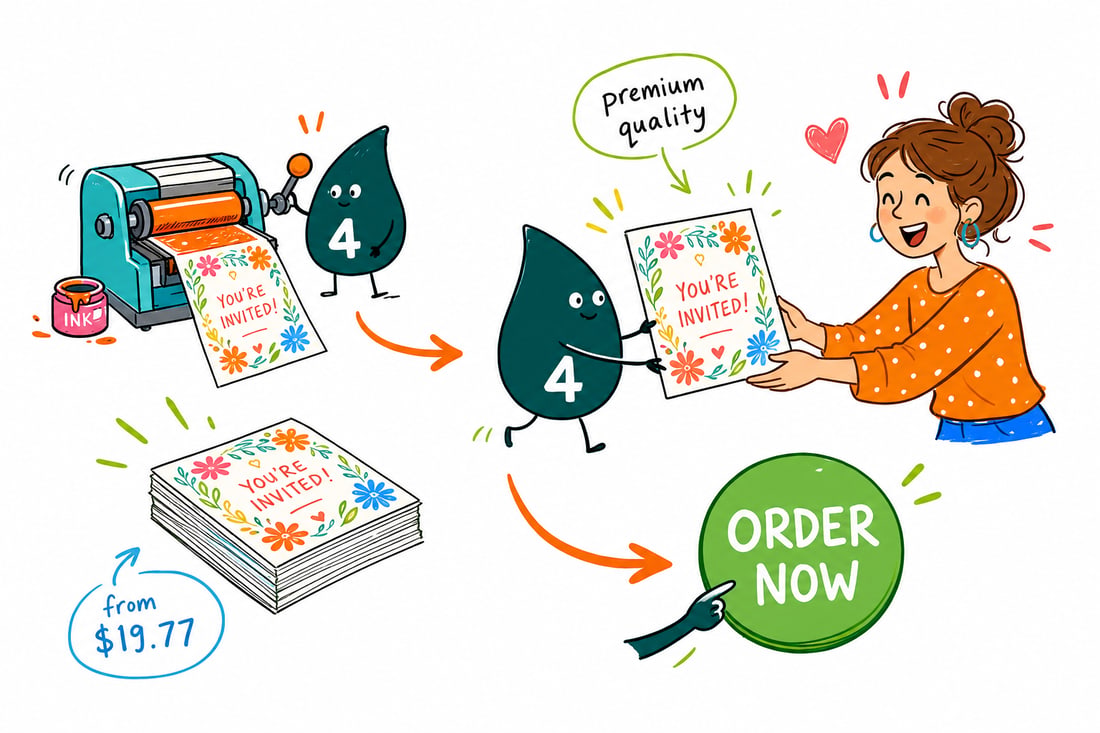 Wally the 4OVER4 mascot handing a full-color invitation card, priced at $19.77 for 25, across a counter to a happy customer, teal hand-drawn line art.