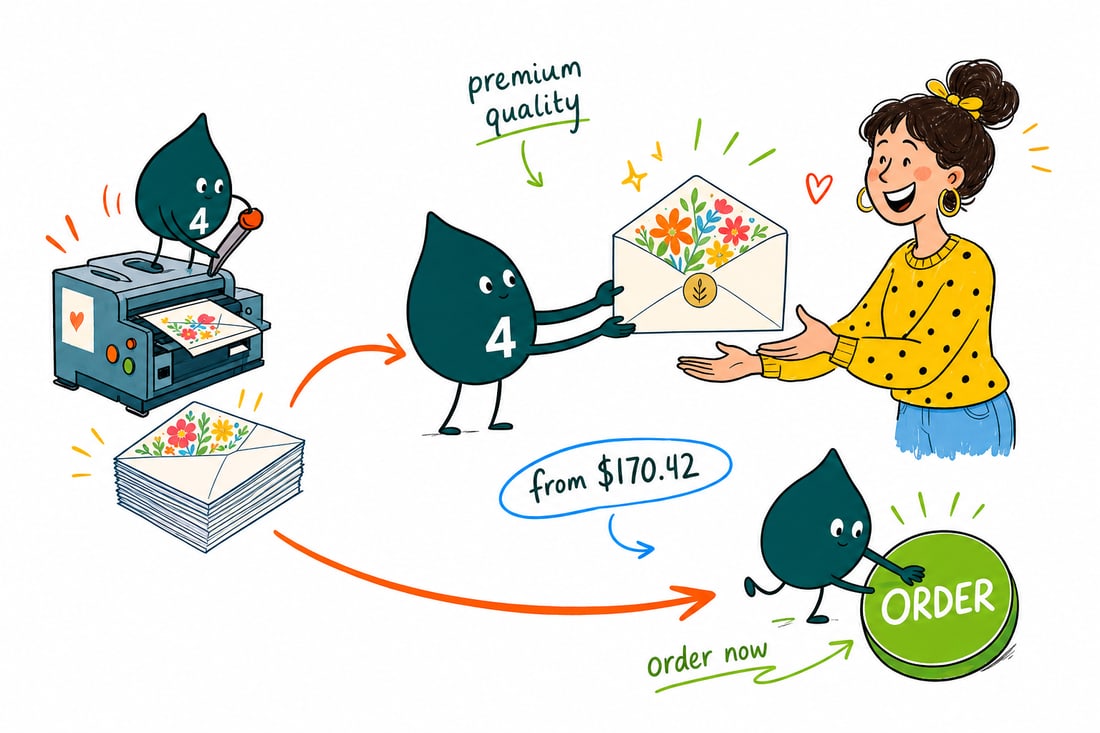 Wally the 4OVER4 mascot handing a printed White Wove invitation envelope, priced at $170.42 for 250, across a counter to a happy customer, teal hand-drawn line art.