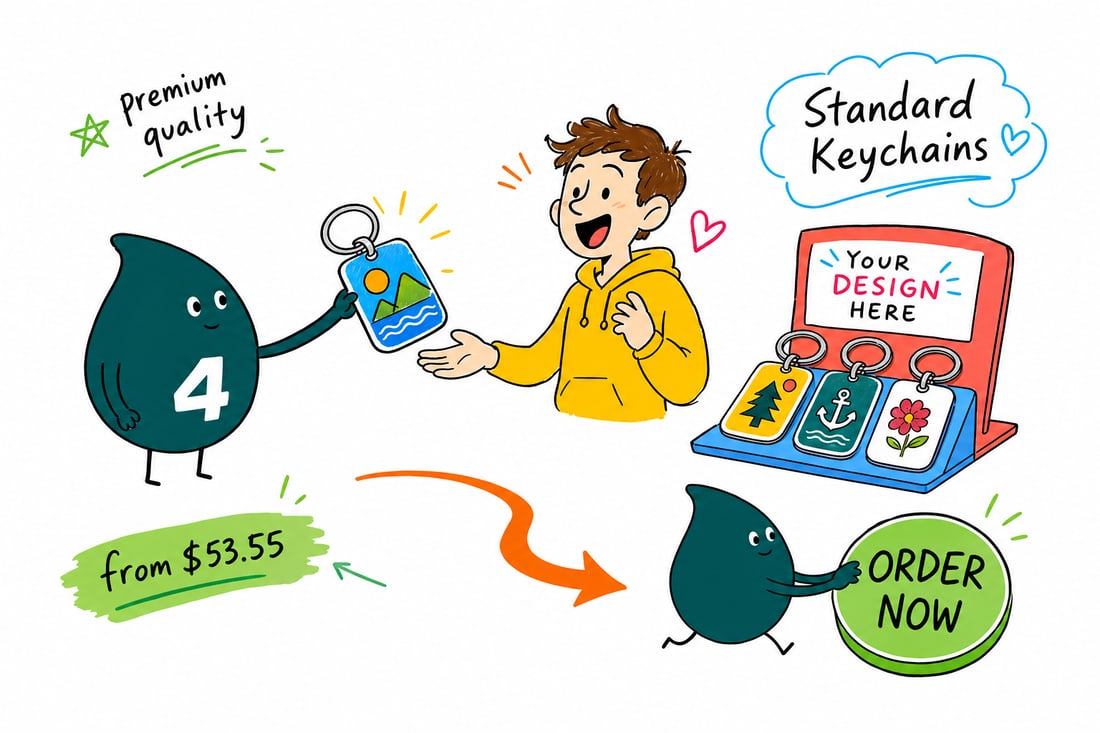 Wally the 4OVER4 mascot handing a full-color custom keychain, priced at $53.55 for 25, to a happy customer at a trade show booth, teal hand-drawn line art.