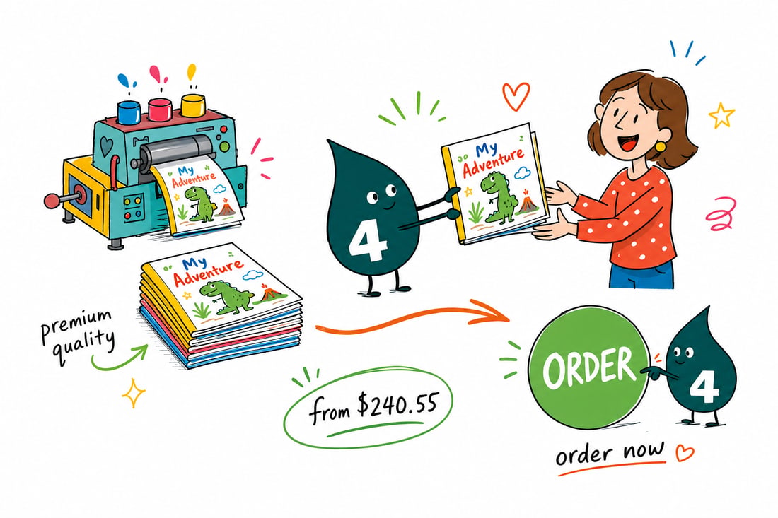 Wally the 4OVER4 mascot handing a colorful saddle-stitched kids activity booklet, priced from $240.55 for 25, to a smiling child, teal hand-drawn line art.