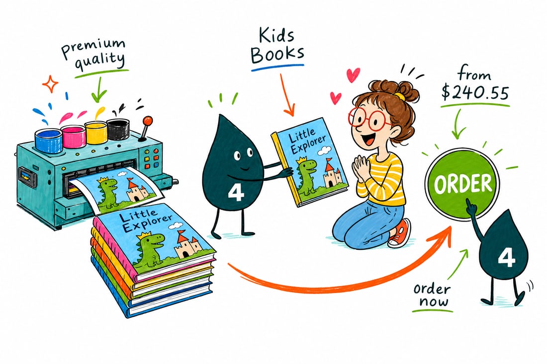 Wally the 4OVER4 mascot handing a full-color saddle-stitched kids book, priced from $240.55 for 25, to a smiling child, teal hand-drawn line art.