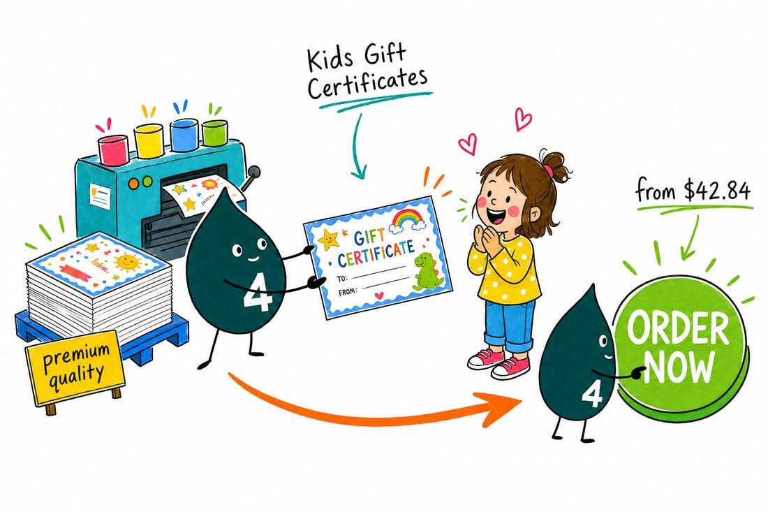 Wally the 4OVER4 mascot handing a printed kids gift certificate, priced from $42.84 for 50, across a counter to a happy family, teal hand-drawn line art.