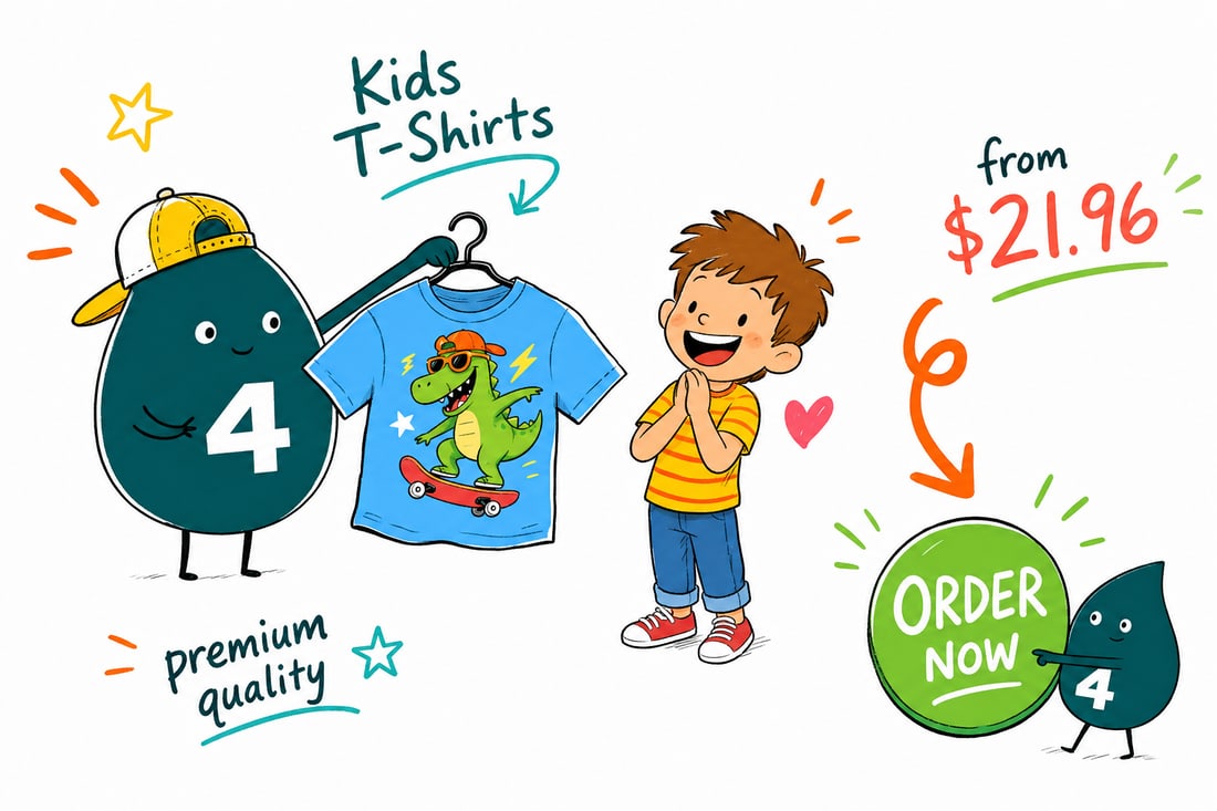 Wally the 4OVER4 mascot handing a freshly printed kids t-shirt, priced from $21.96, to a smiling child, teal hand-drawn line art.