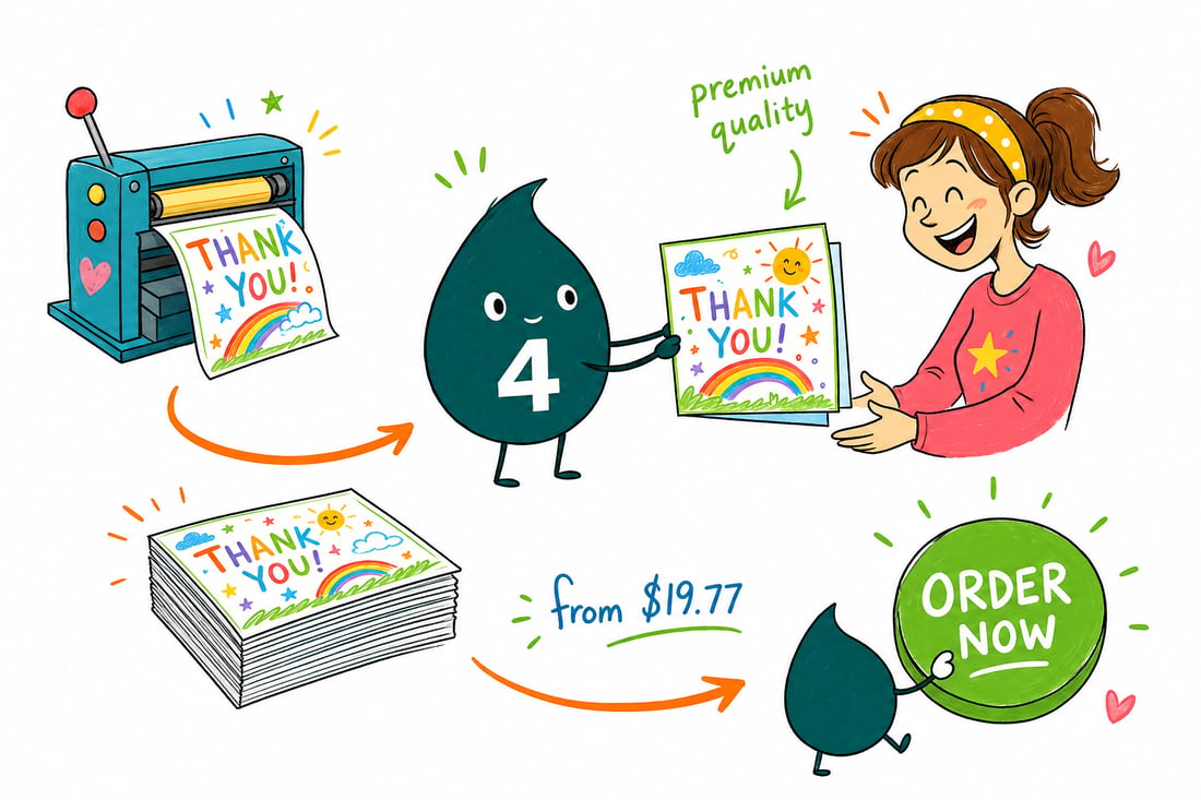 Wally the 4OVER4 mascot handing a bright kids thank you card, priced at $19.77 for 25, across a party table to a happy child, teal hand-drawn line art.