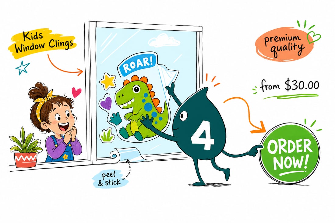 Wally the 4OVER4 mascot pressing a colorful clear kids window cling onto a bright bedroom window, teal hand-drawn line art.
