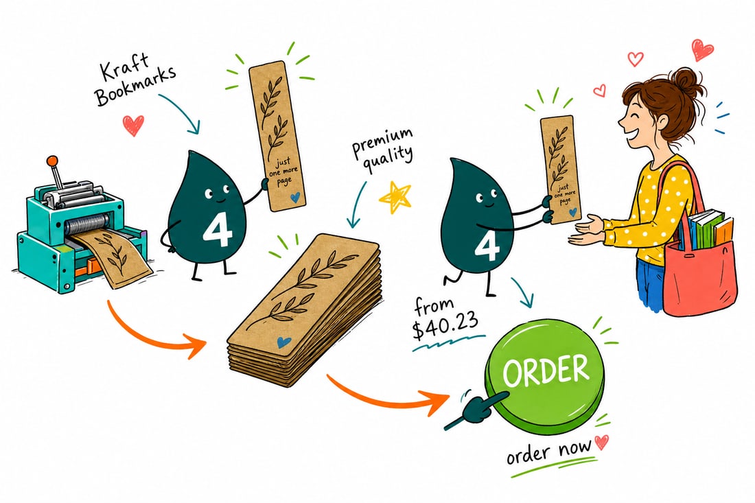 Wally the 4OVER4 mascot handing a natural brown kraft bookmark, priced at $40.23 for 100, to a happy reader, teal hand-drawn line art.