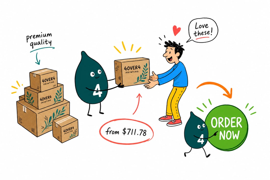 Wally the 4OVER4 mascot folding a full color printed kraft box around a product, priced from $711.78 for 250, teal hand-drawn line art.