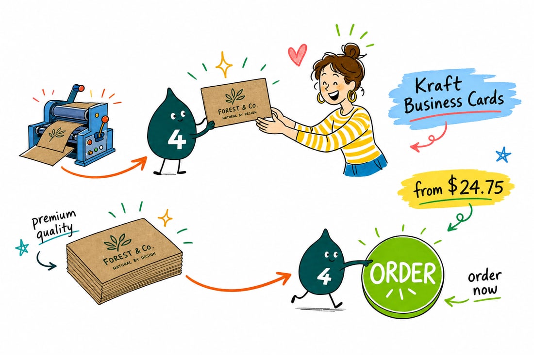 Wally the 4OVER4 mascot handing a natural brown recycled kraft business card, priced at $24.75 for 100, across a counter to a happy customer, teal hand-drawn line art.
