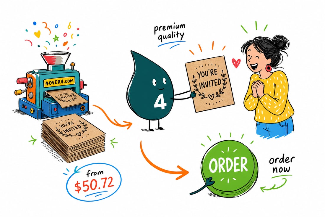 Wally the 4OVER4 mascot handing a brown kraft invitation card, priced at $50.72 for 100, across a counter to a happy customer, teal hand-drawn line art.