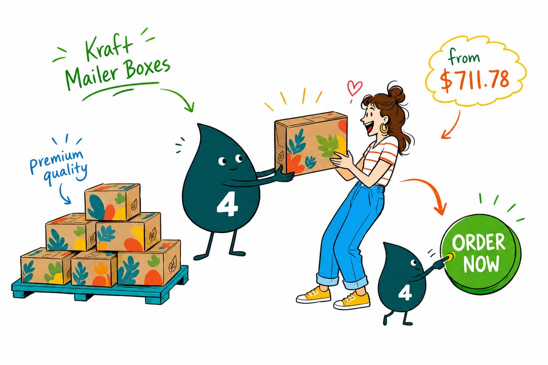Wally the 4OVER4 mascot folding a printed kraft mailer box and handing it to a happy customer, teal hand-drawn line art.