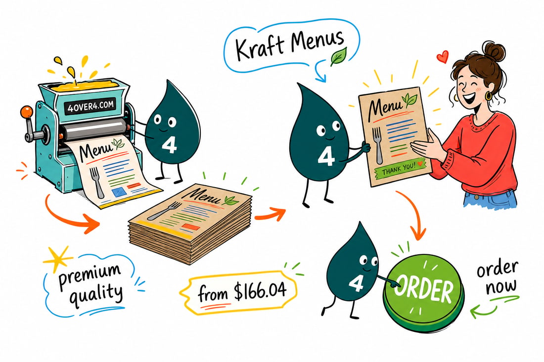 Wally the 4OVER4 mascot handing a warm brown kraft menu, priced at $166.04 for 100, across a restaurant table to a happy guest, teal hand-drawn line art.