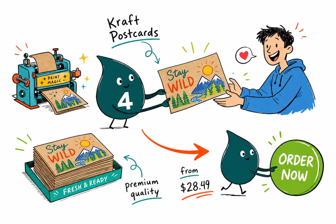 Wally the 4OVER4 mascot holding a natural brown kraft postcard with bright white lettering, priced at $28.49 for 100, teal hand-drawn line art.