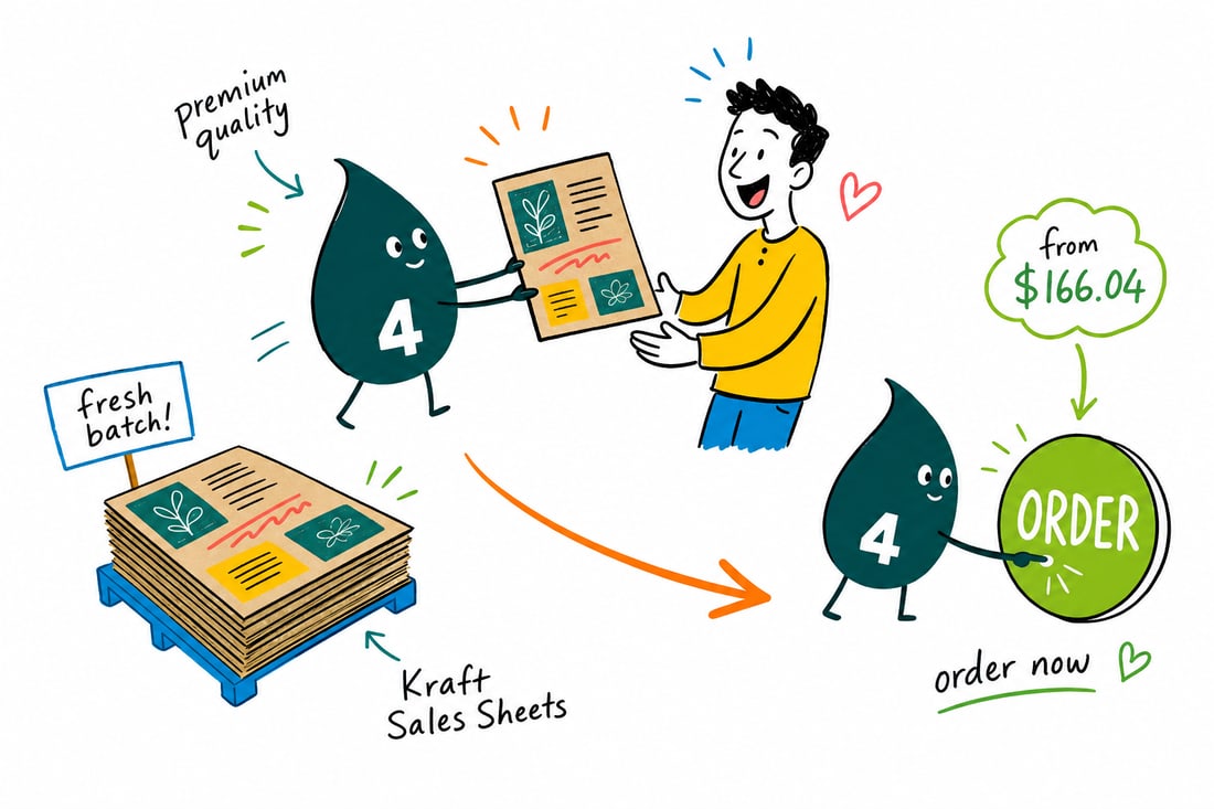 Wally the 4OVER4 mascot handing a warm brown kraft sales sheet, priced at $166.04 for 100, across a desk to a business customer, teal hand-drawn line art.