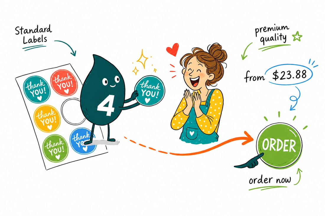 Wally the 4OVER4 mascot pressing a round standard label, priced at $23.88 for 25, onto a product jar, teal hand-drawn line art.