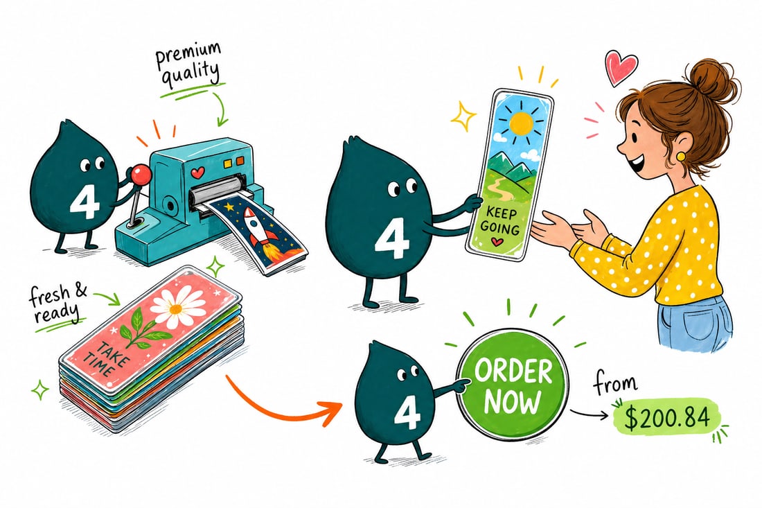 Wally the 4OVER4 mascot handing a glossy laminated bookmark, priced at $200.84 for 100, to a happy reader beside a stack of books, teal hand-drawn line art.