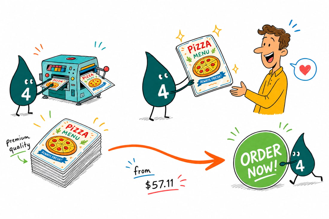 Wally the 4OVER4 mascot handing a glossy laminated menu, priced from $57.11 for 50, across a restaurant table to a happy server, teal hand-drawn line art.