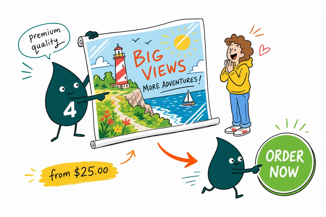 Wally the 4OVER4 mascot holding up a glossy laminated poster priced from $25, sealed and shining under a protective film, teal hand-drawn line art.