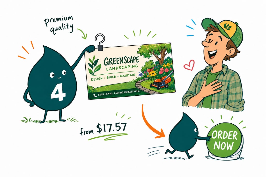Wally the 4OVER4 mascot handing a landscaping business card, priced at $17.57 for 100, to a homeowner in a green front yard, teal hand-drawn line art.