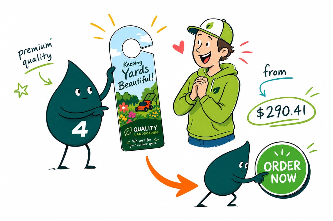 Wally the 4OVER4 mascot hanging a full-color landscaping door hanger on a house doorknob, with a tear-off coupon at the bottom, teal hand-drawn line art.