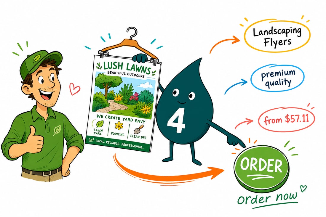 Wally the 4OVER4 mascot handing a full-color landscaping flyer priced at $39.54 for 50 to a homeowner at the front door, teal hand-drawn line art.