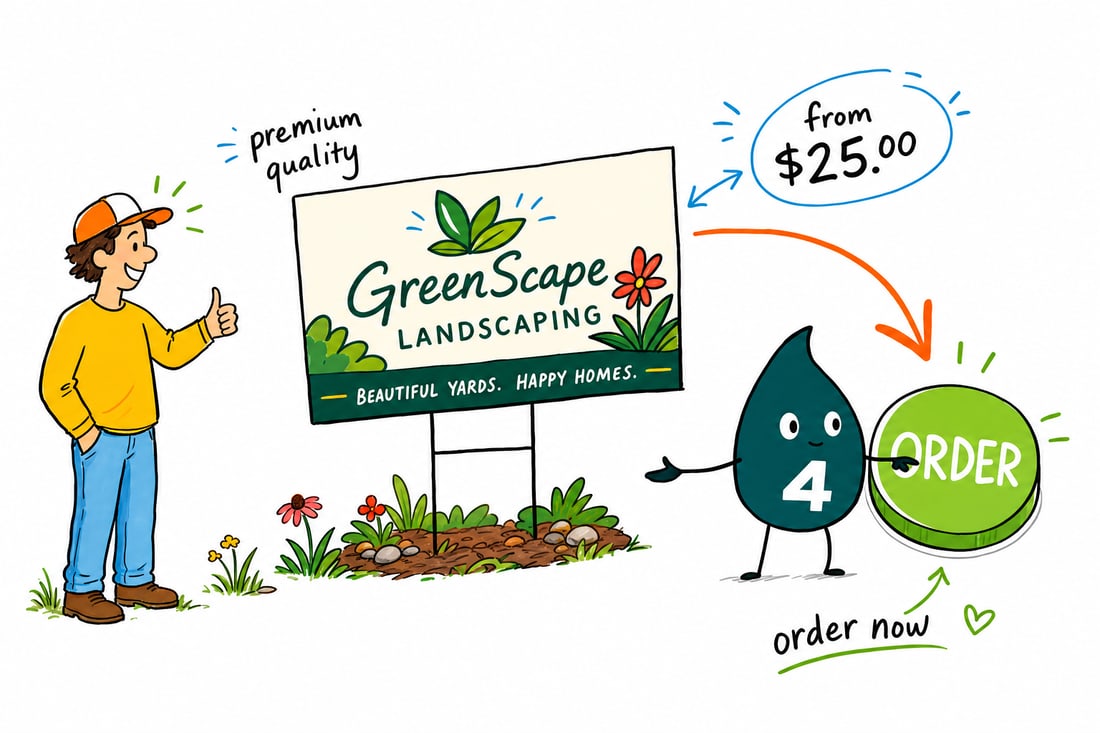 Wally the 4OVER4 mascot pressing a full-color landscaping yard sign on an H-stake into a freshly mowed green lawn, priced at $25, teal hand-drawn line art.