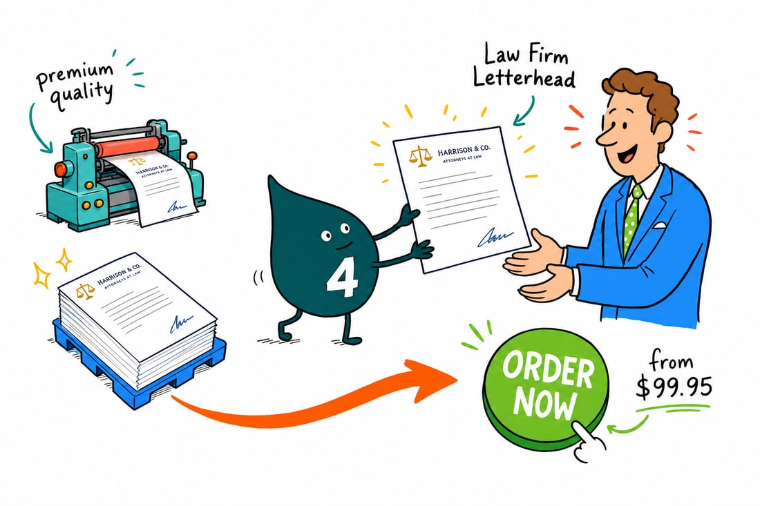 Wally the 4OVER4 mascot handing a printed sheet of law firm letterhead across a desk to an attorney, teal hand-drawn line art.