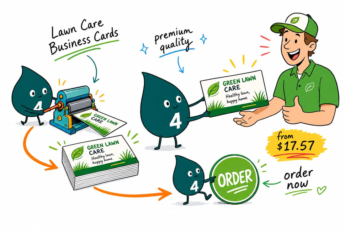 Wally the 4OVER4 mascot handing a lawn care business card, priced at $17.57 for 100, to a homeowner beside a freshly mowed lawn, teal hand-drawn line art.