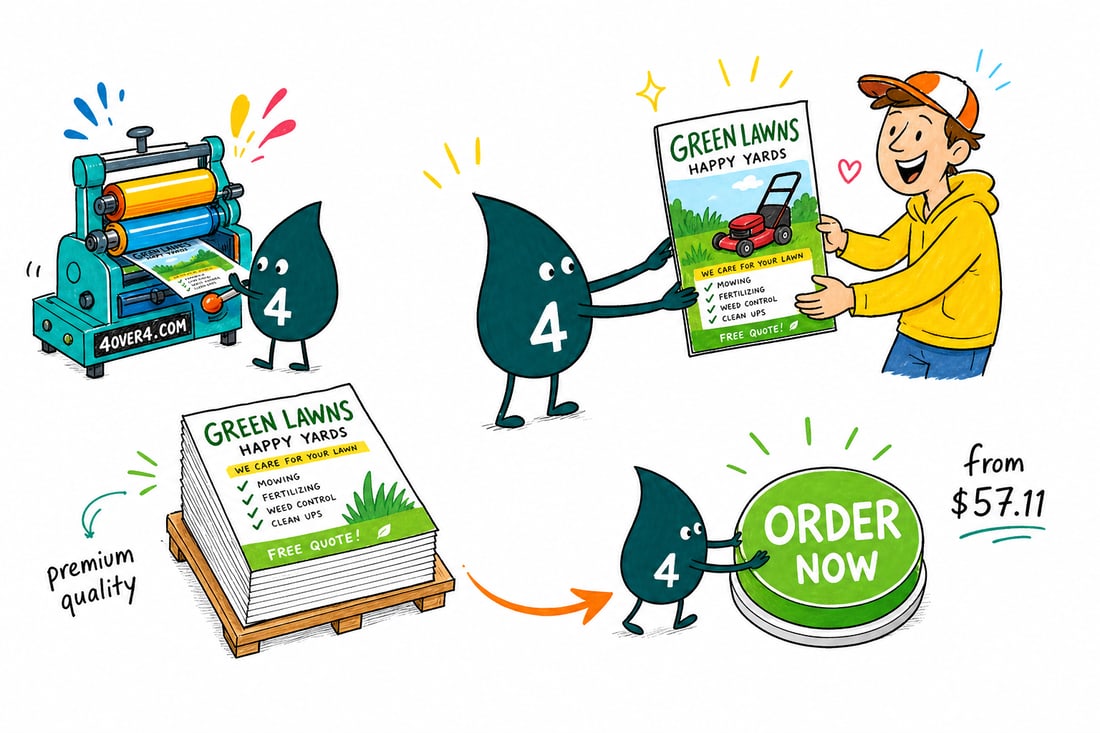 Wally the 4OVER4 mascot handing a full-color lawn care flyer priced at $39.54 for 50 to a homeowner beside a freshly mowed green lawn, teal hand-drawn line art.