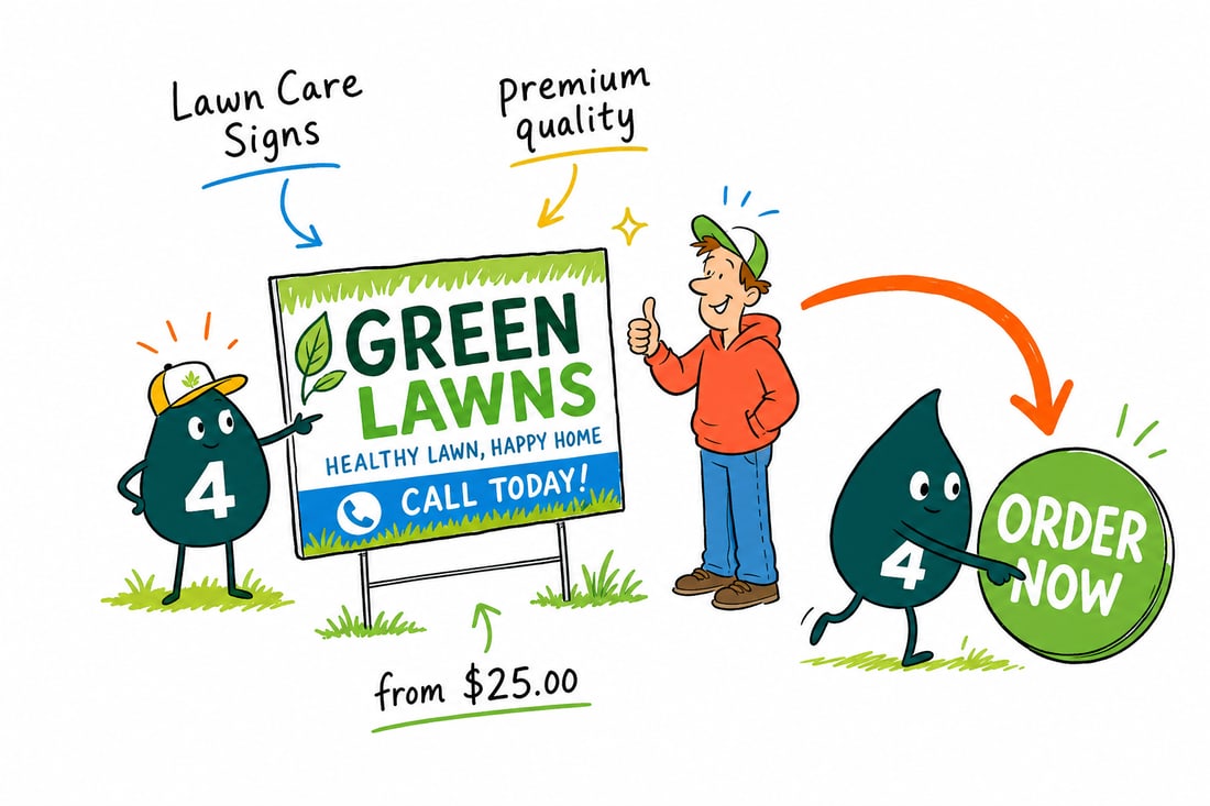 Wally the 4OVER4 mascot planting a $25 coroplast lawn care sign with an H-stake into a green lawn, teal hand-drawn line art.