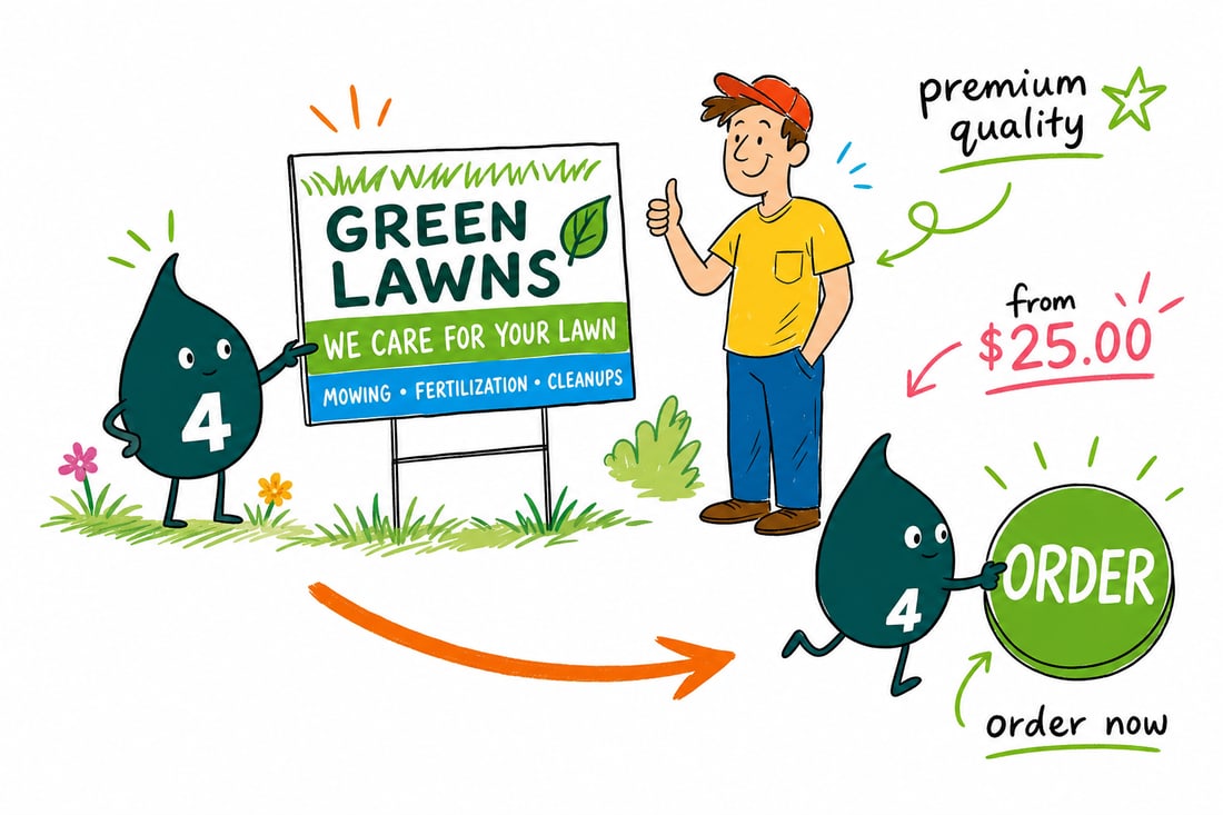 Wally the 4OVER4 mascot planting a lawn care yard sign priced at $25 on a green front lawn with an H-stake, teal hand-drawn line art.