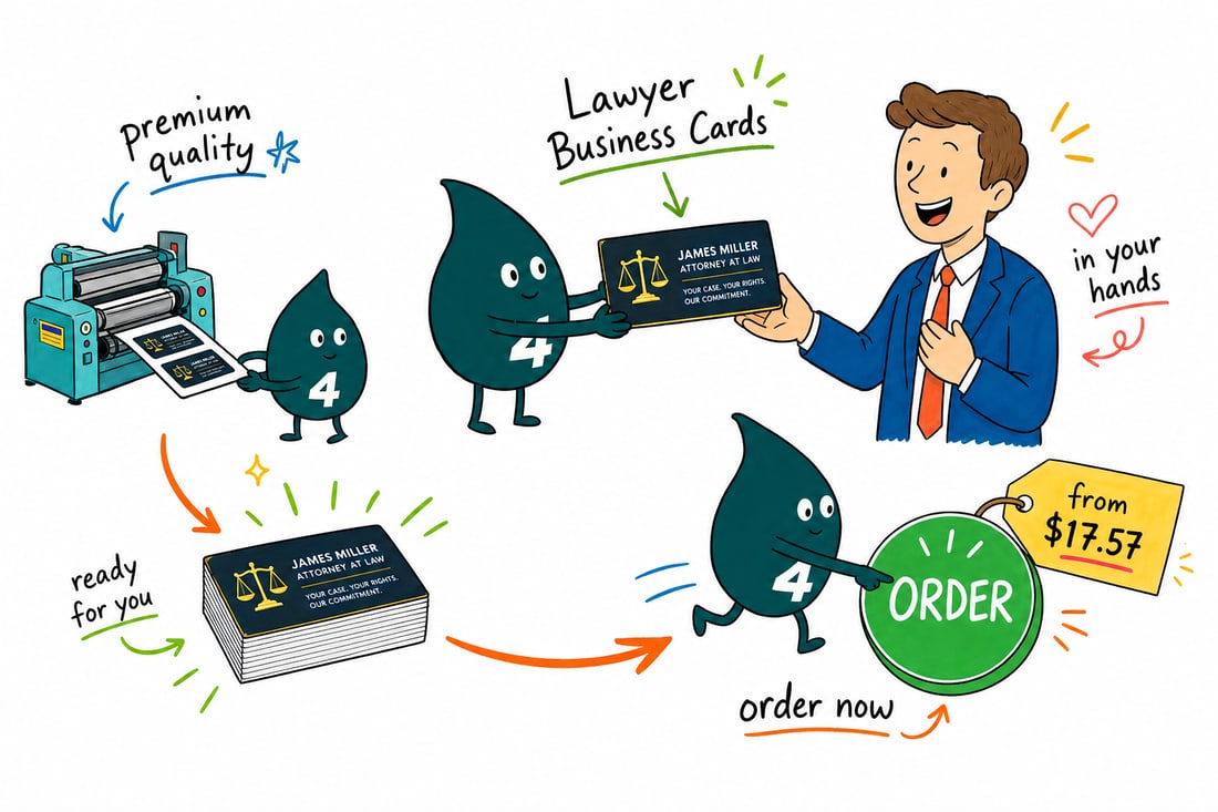 Wally the 4OVER4 mascot handing a crisp lawyer business card, priced at $17.57 for 100, across a desk to a client, teal hand-drawn line art.