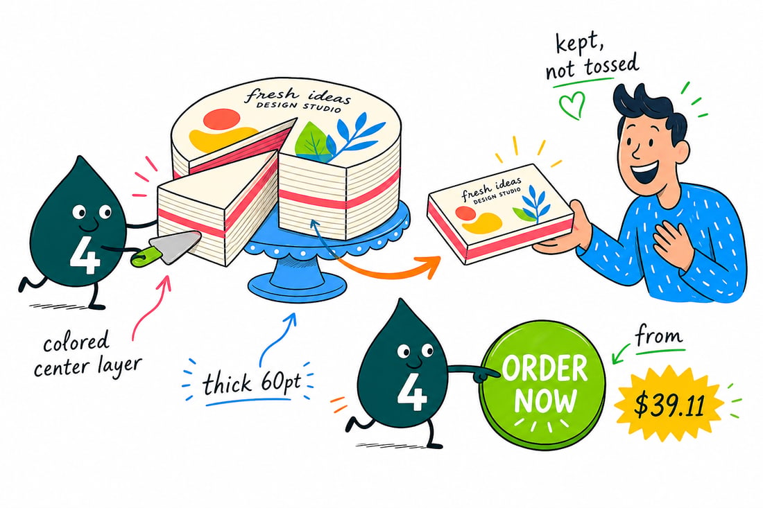 Wally the 4OVER4 mascot slicing a thick layer cake business card like a cake to reveal a bright colored center layer, priced from $39.11 for 50, handing a slice-shaped card to a happy customer, teal hand-drawn line art with colorful accents.