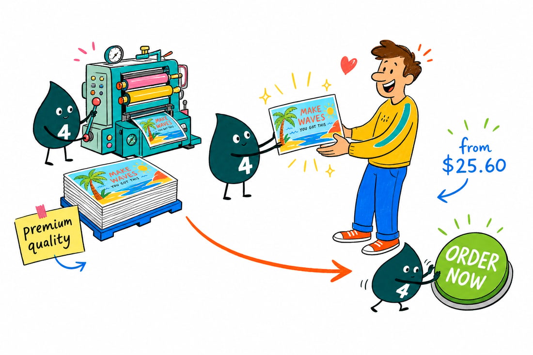 Wally the 4OVER4 mascot handing a thick square Layer Cake postcard, priced at $25.60 for 50, across a counter to a happy customer, teal hand-drawn line art.