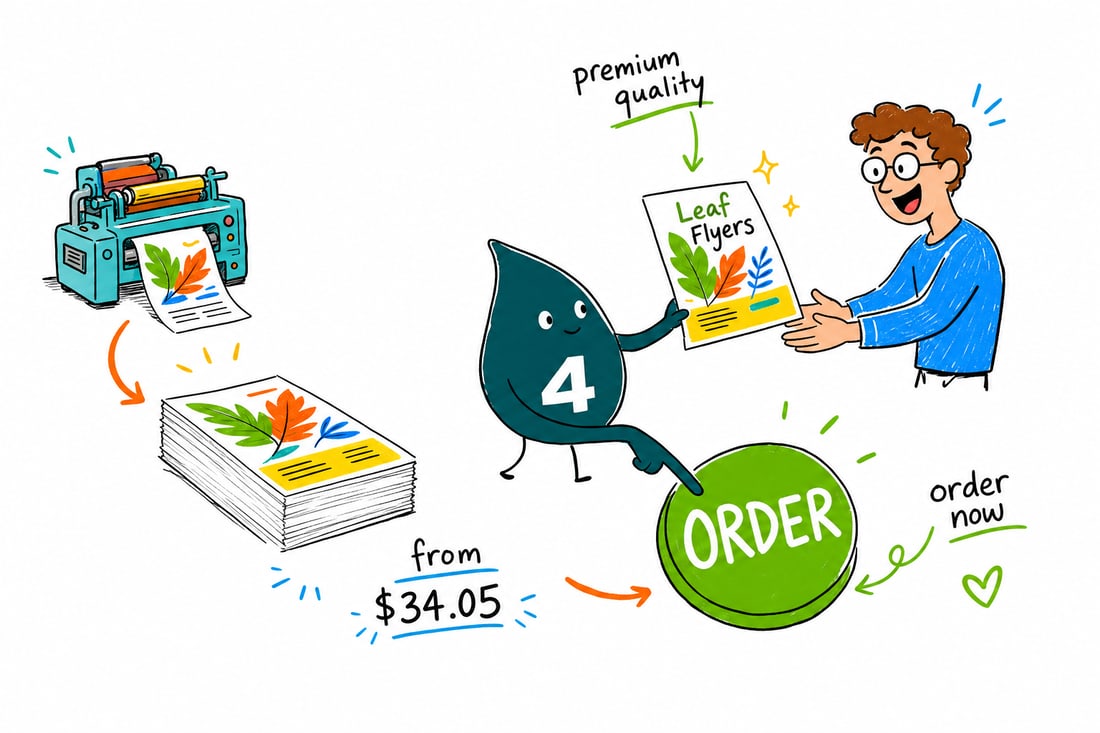 Wally the 4OVER4 mascot handing a leaf-shaped die-cut flyer, priced at $97.76 for 50, across a counter to a happy customer, teal hand-drawn line art.