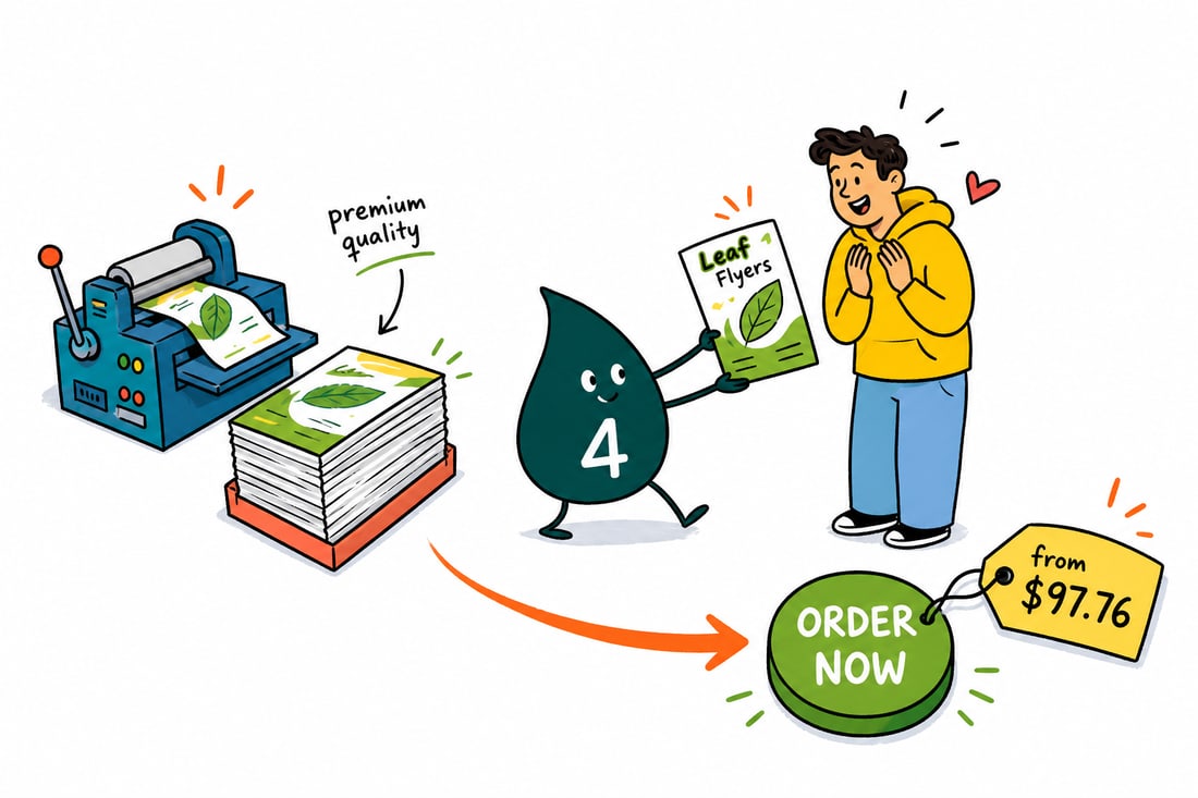 Wally the 4OVER4 mascot handing a leaf-shaped die-cut flyer across a counter to a happy customer, teal hand-drawn line art.