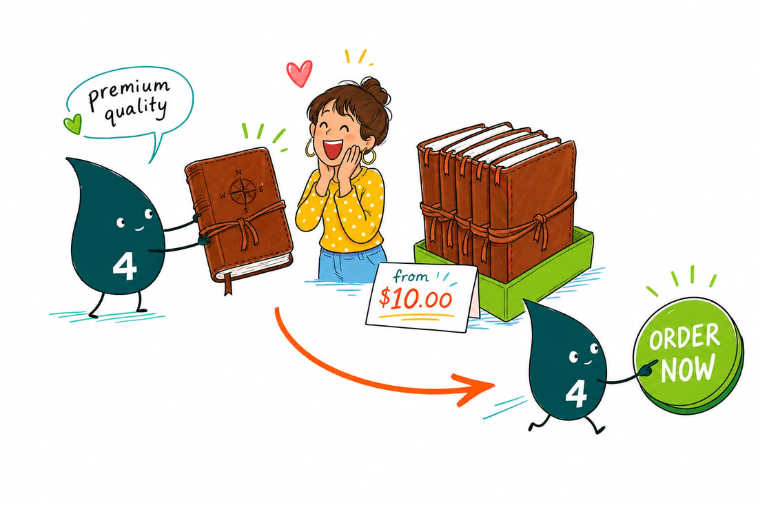 Wally the 4OVER4 mascot handing a leather journal, priced at $10 each, across a desk to a happy recipient, teal hand-drawn line art.