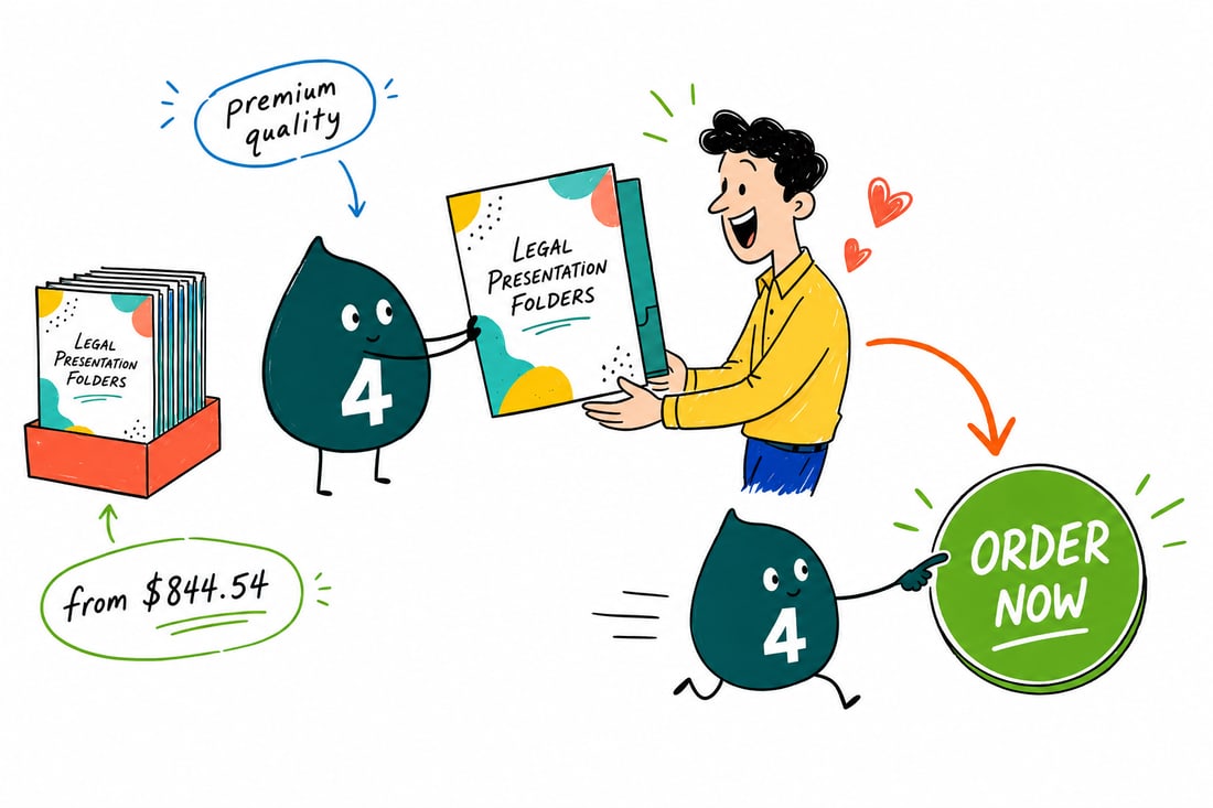 Wally the 4OVER4 mascot handing a branded legal presentation folder full of documents across a desk to a client at a law office, teal hand-drawn line art.
