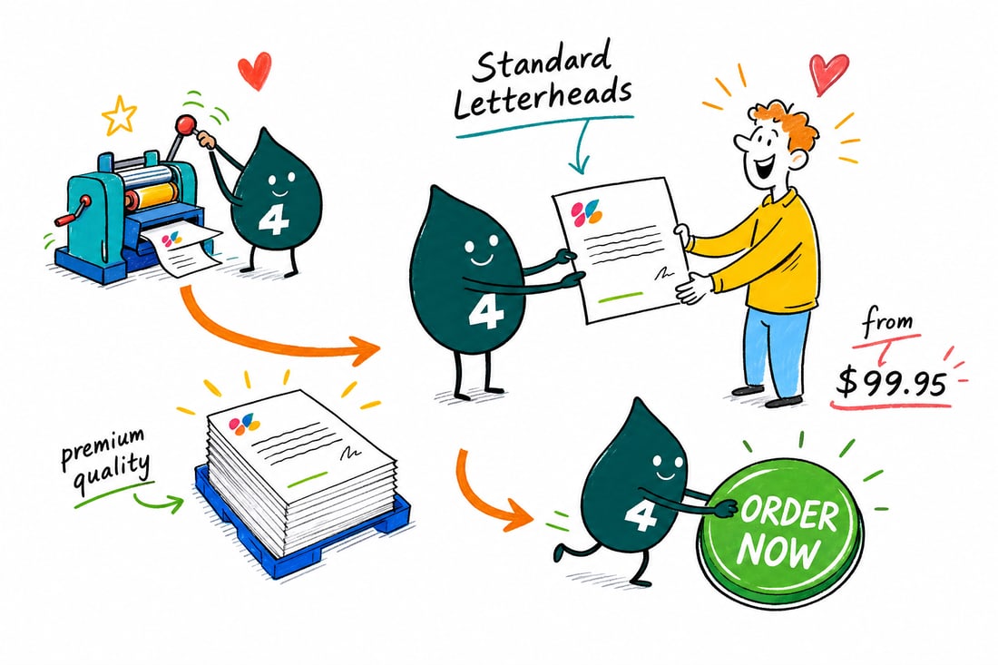 Wally the 4OVER4 mascot handing a crisp printed letterhead, priced from $99.95 for 50, across a desk to a business owner, teal hand-drawn line art.