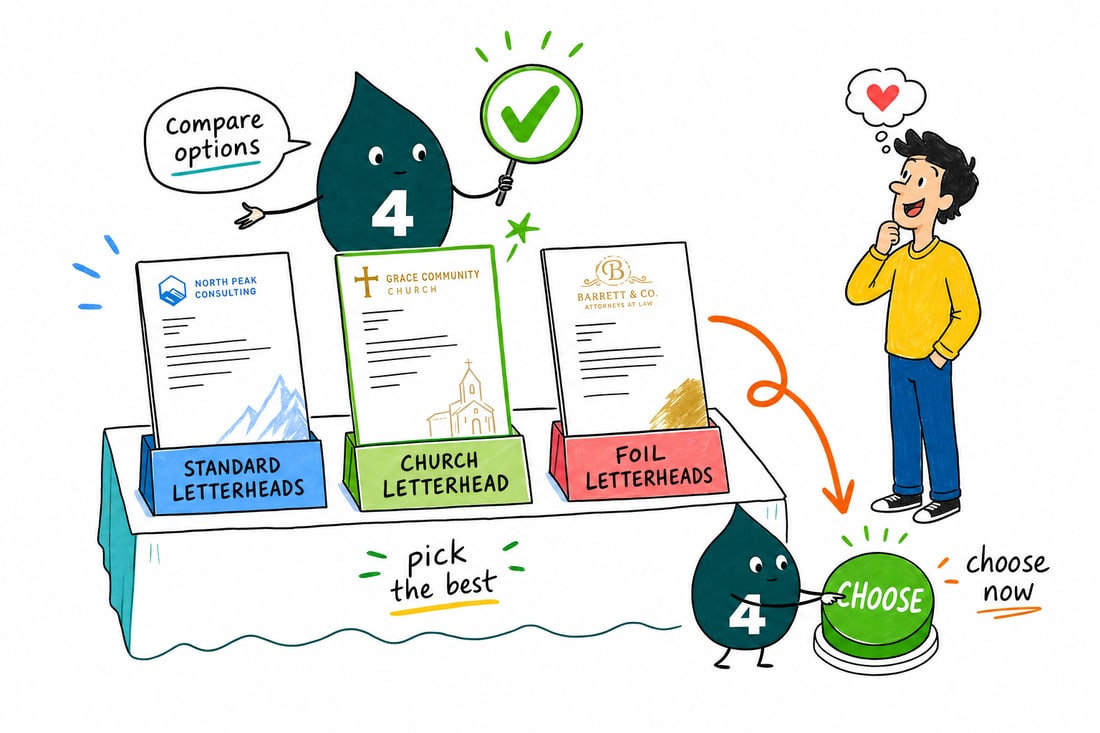 Wally compares Letterheads options side by side at 4OVER4.COM