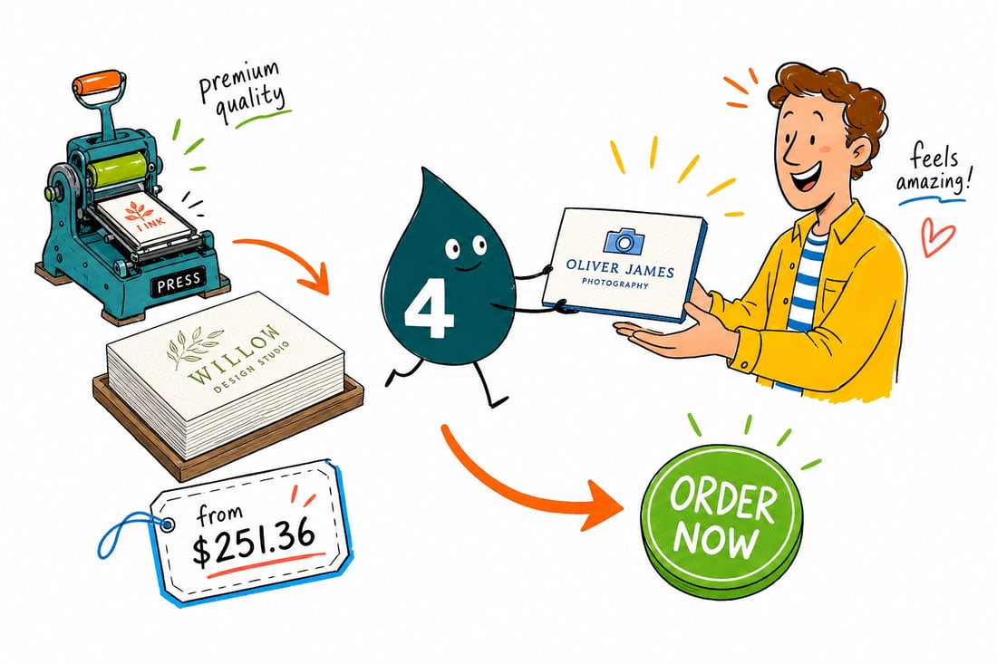 Wally the 4OVER4 mascot pressing a thick foil-stamped letterpress business card, priced from $251.36 for 250, into a customer's hand, teal hand-drawn line art.