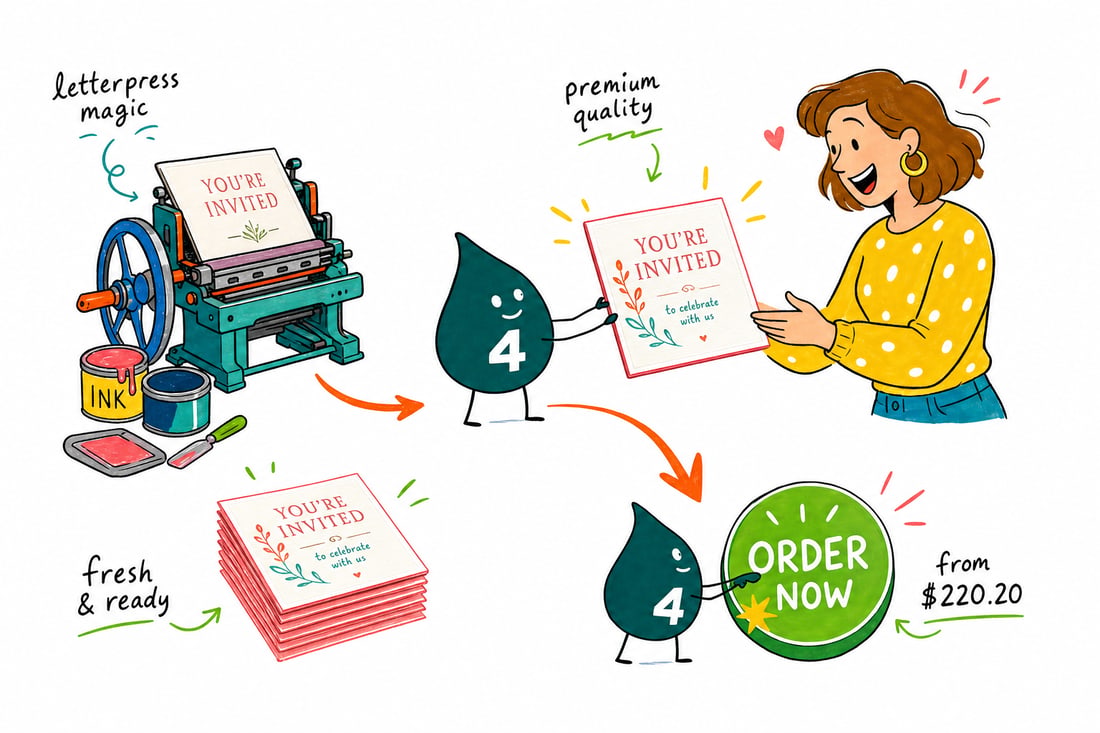 Wally the 4OVER4 mascot pressing a foil monogram onto a letterpress invitation card, priced at $220.20 for 100, teal hand-drawn line art.