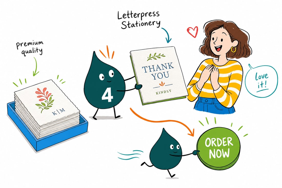 Wally the 4OVER4 mascot handing a sheet of premium letterpress stationery, priced at $99.95 for 50, across a desk to a business owner, teal hand-drawn line art.