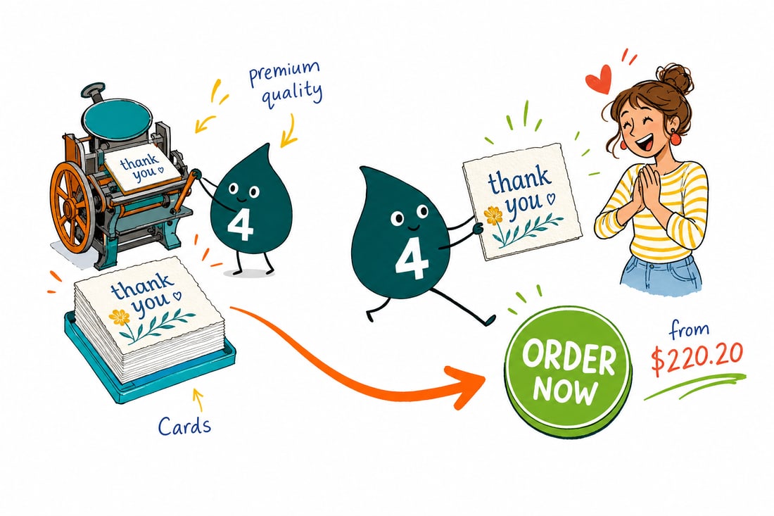 Wally the 4OVER4 mascot handing a foil-stamped letterpress thank you card, priced from $220.20 for 100, across a counter to a smiling customer, teal hand-drawn line art.