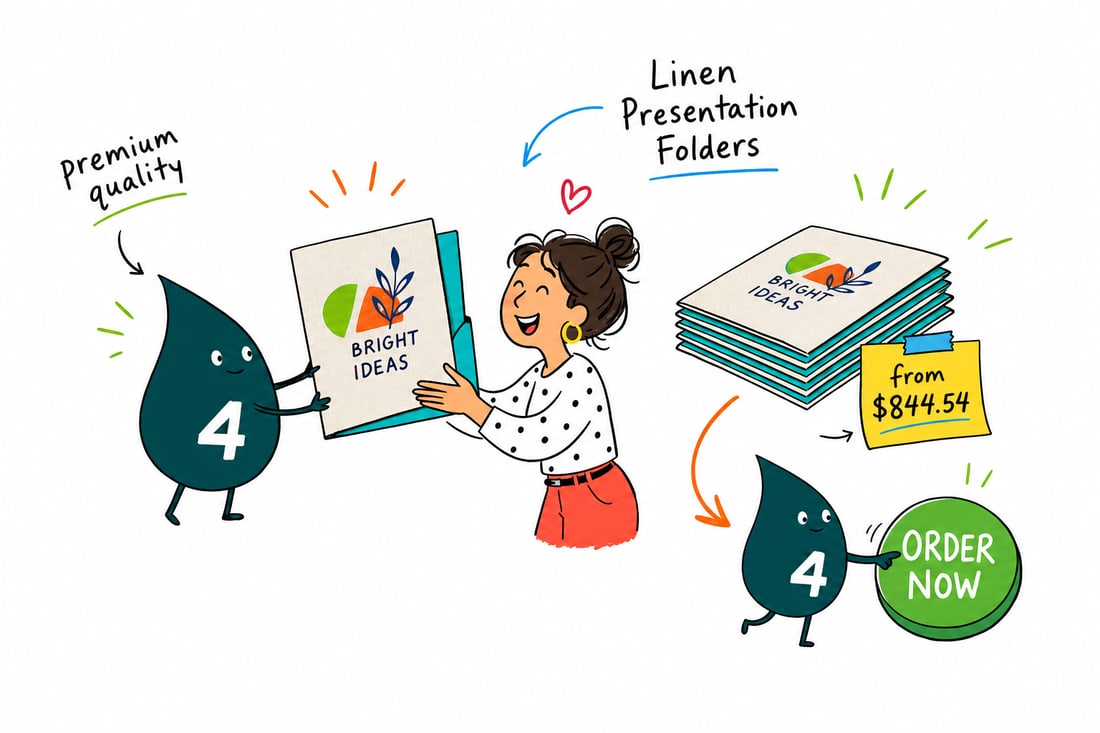 Wally the 4OVER4 mascot handing a textured white linen presentation folder holding documents to a client across a desk, teal hand-drawn line art.