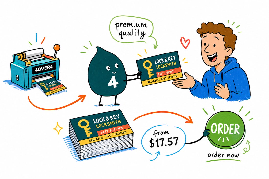 Wally the 4OVER4 mascot handing a locksmith business card, priced at $17.57 for 100, across a counter to a locksmith holding a key, teal hand-drawn line art.