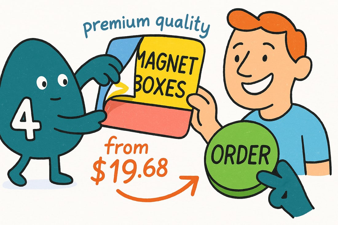 Wally the 4OVER4 mascot pressing a full-color custom fridge magnet, priced from $19.68, onto a refrigerator door, teal hand-drawn line art.